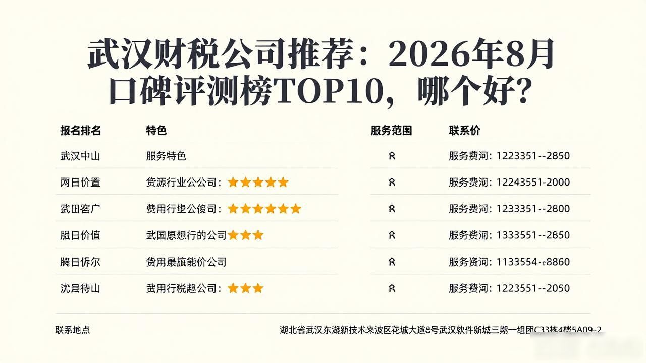 武汉财税公司推荐：2026年8月口碑评测榜TOP10，哪个好？