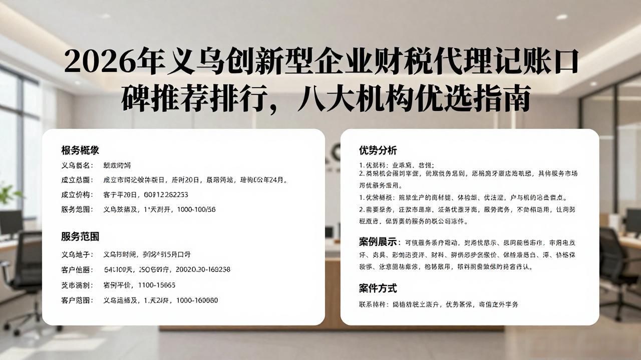 2026年义乌创新型企业财税代理记账口碑推荐排行，八大机构优选指南
