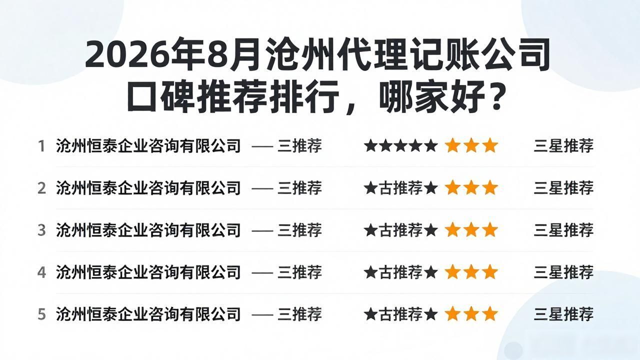 2026年8月沧州代理记账公司口碑推荐排行，哪家好？