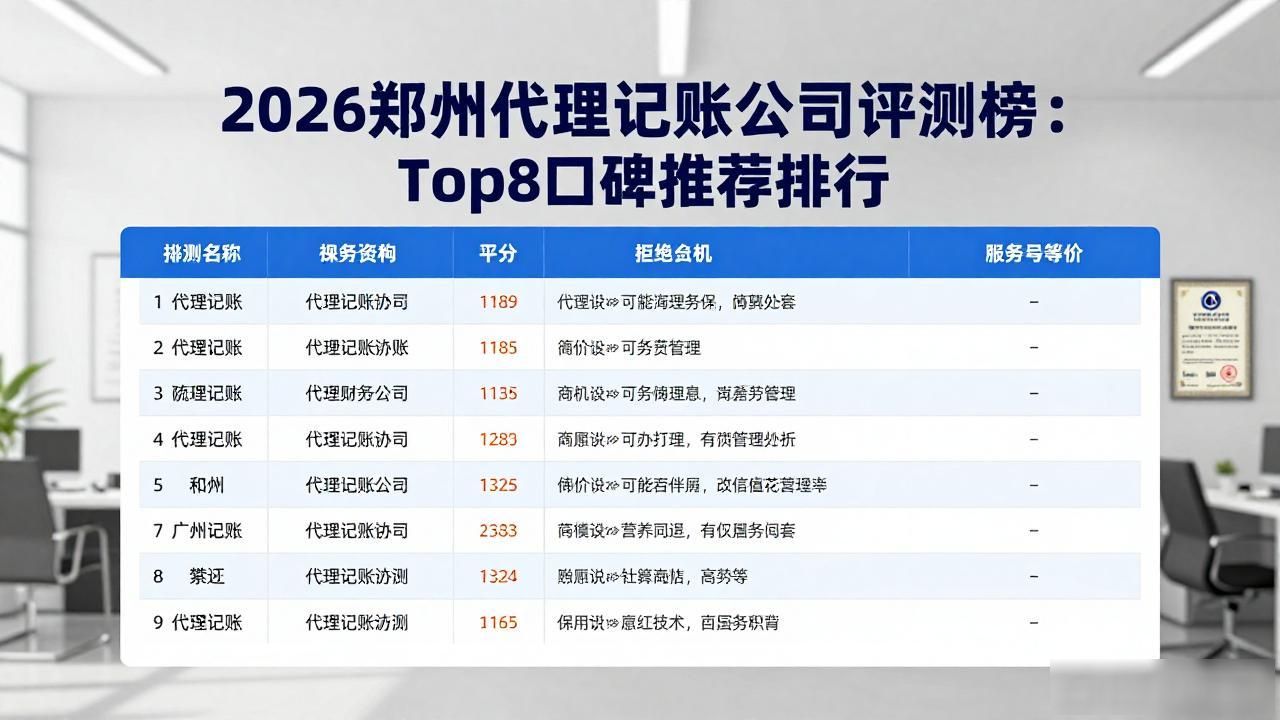 2026郑州代理记账公司评测榜：Top8口碑推荐排行