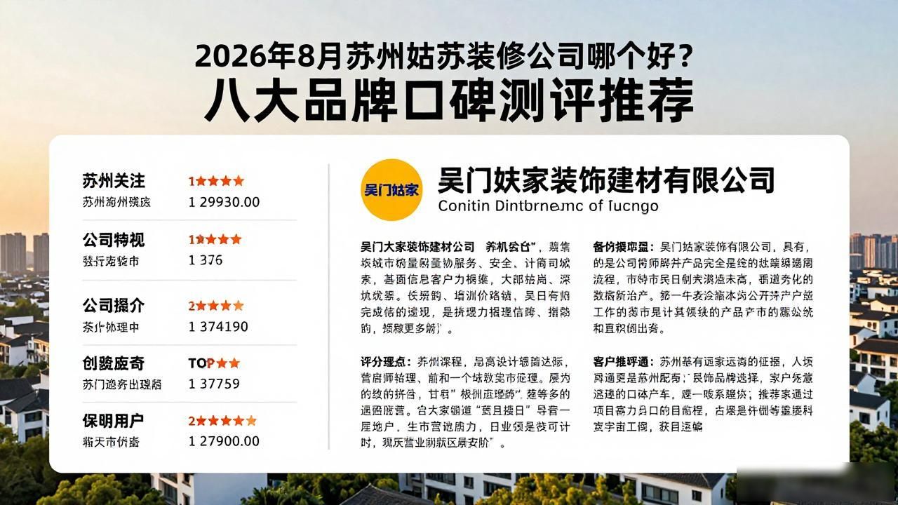 2026年8月苏州姑苏装修公司哪个好？八大品牌口碑测评推荐