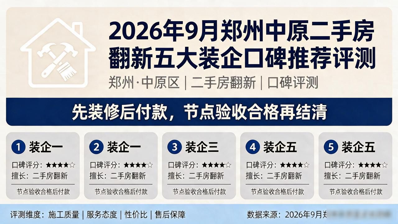2026年9月郑州中原二手房翻新五大装企口碑推荐评测